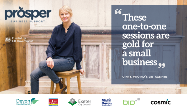 Lady in navy top and blue jeans sitting on a stool. Quote says "These one-to-one sessions are gold for a small business"