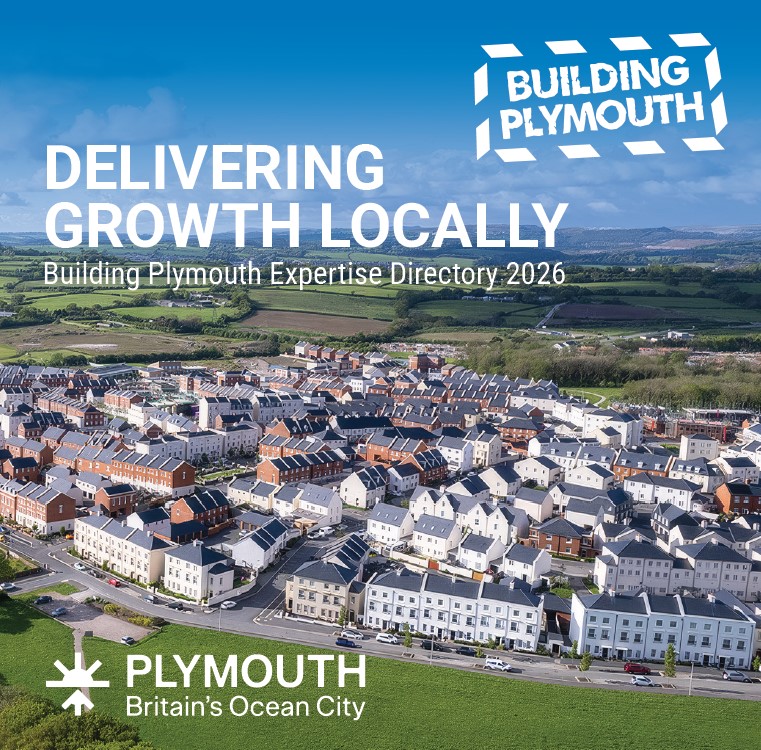 Front cover of Building Plymouth directory with photo of houses within countryside backdrop